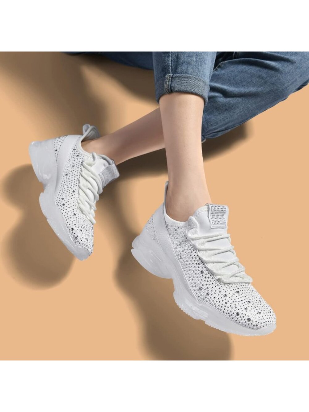 Women's White Rhinestone Slip On Breathable Mesh Sparkle Glitter Sneaker - Picture 2 of 6